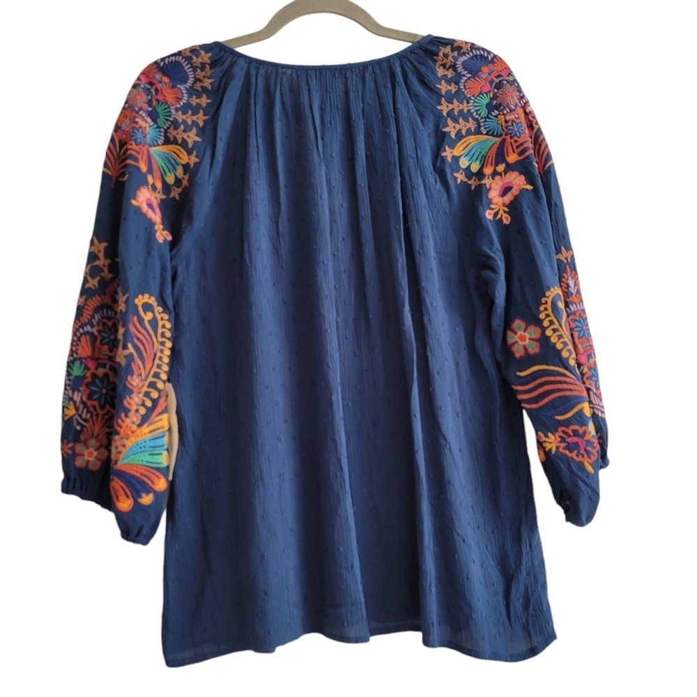 NEW Embroidered Floral V-Neck Balloon Sleeve Shirt Blue Swiss Dot Boho Hippie - Picture 2 of 11